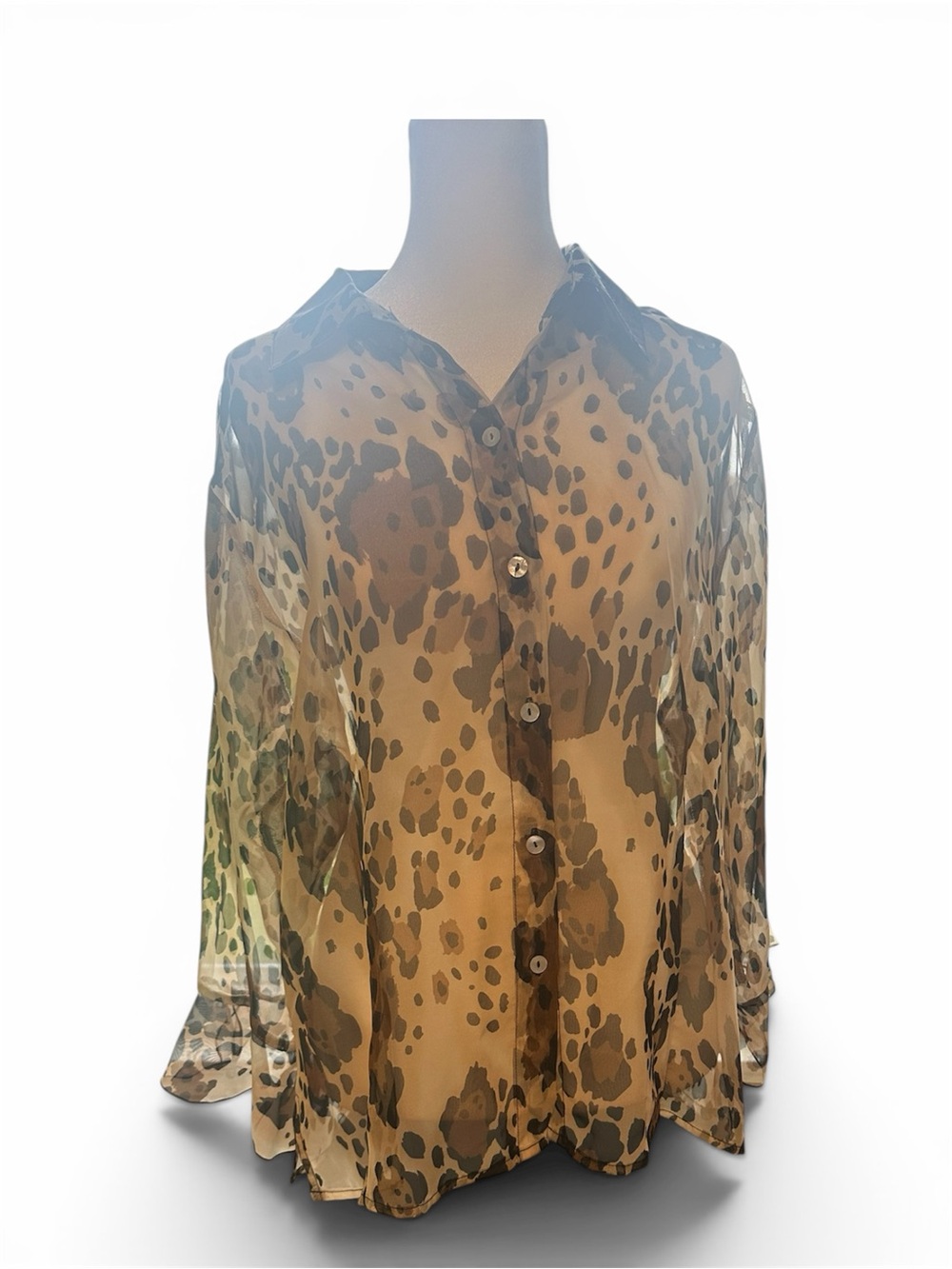 NICOLA Sheer Leopard-Spot Button-Down Blouse in Tan and Brown